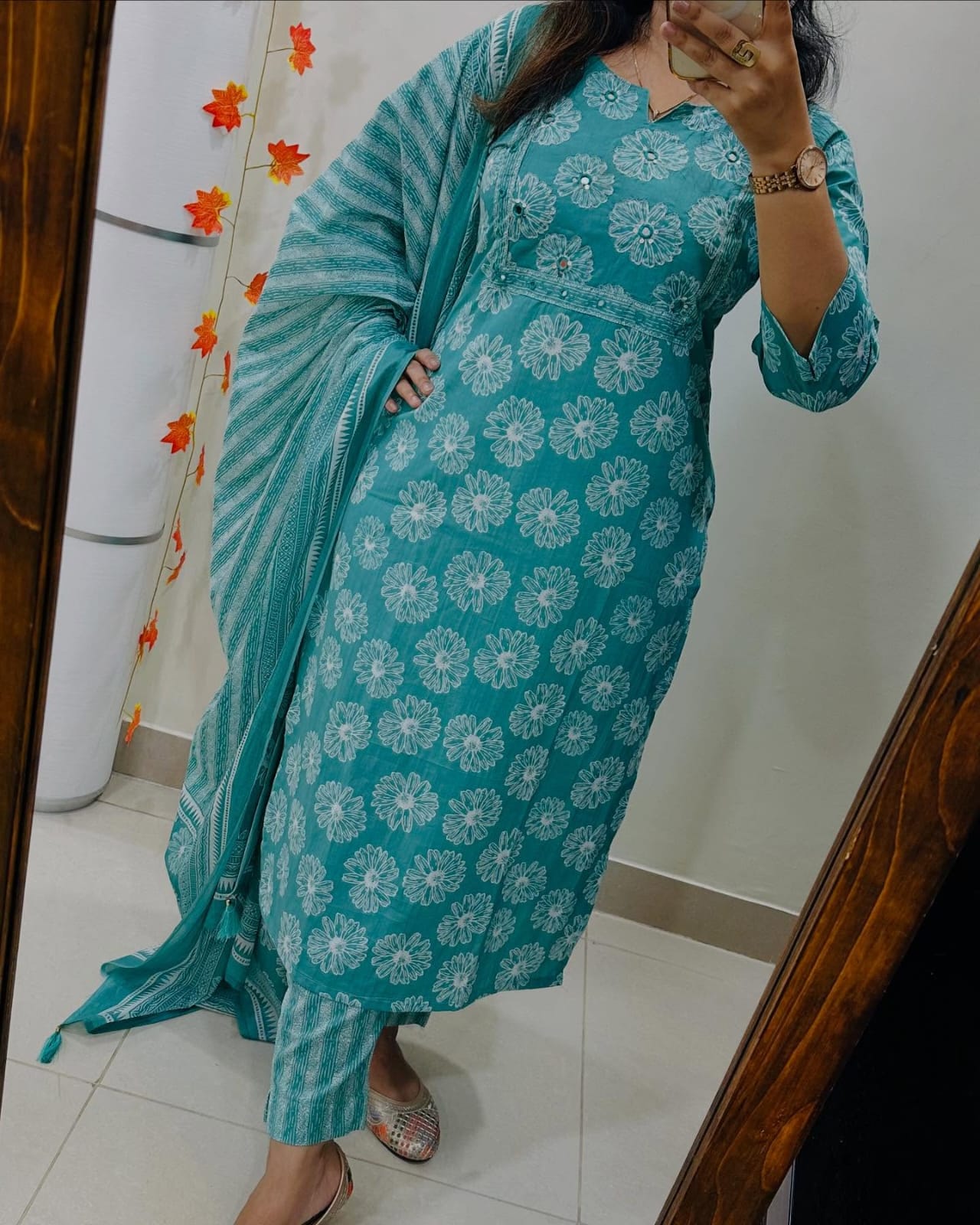 Floral Print Cotton Kurta Set with Striped Dupatta