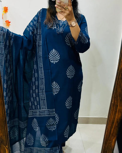 Elegant Navy Blue Cotton Kurta Set with Dupatta