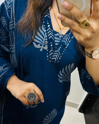 Elegant Navy Blue Cotton Kurta Set with Dupatta