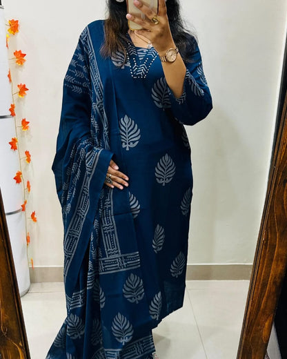 Elegant Navy Blue Cotton Kurta Set with Dupatta