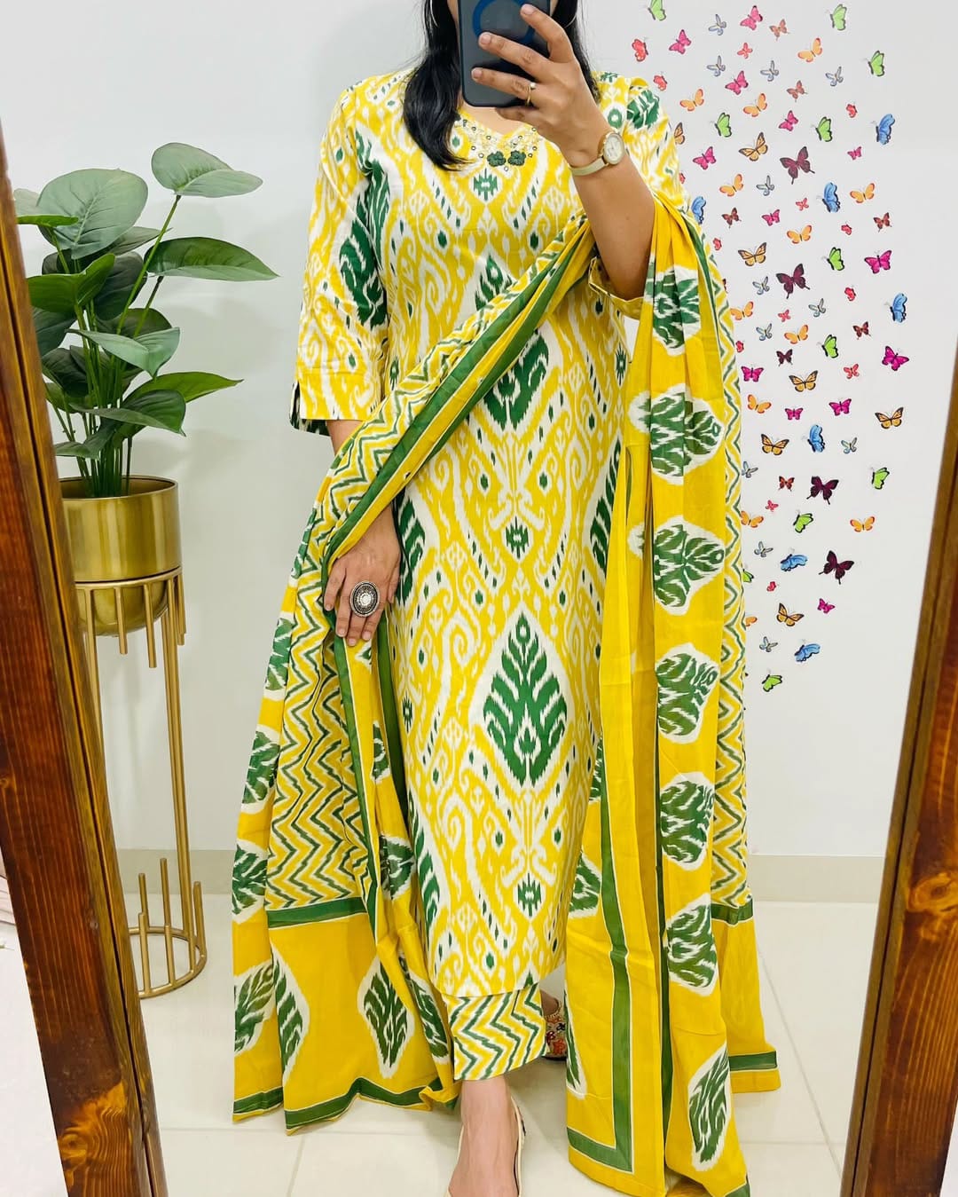 Vibrant Yellow & Green Ikat Print Cotton Suit Set with Dupatta