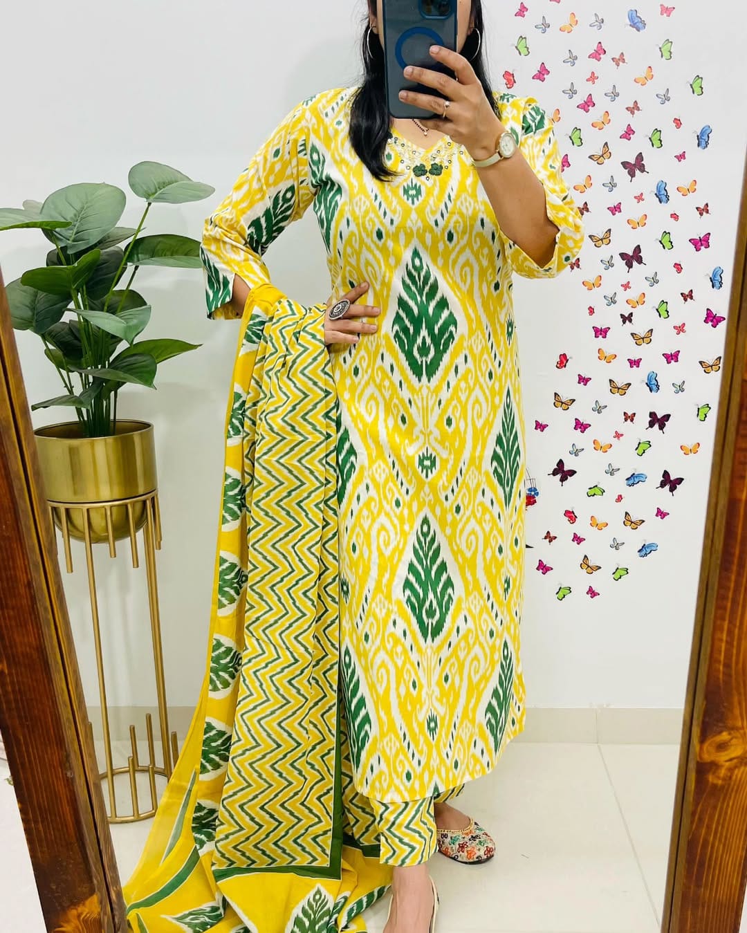 Vibrant Yellow & Green Ikat Print Cotton Suit Set with Dupatta