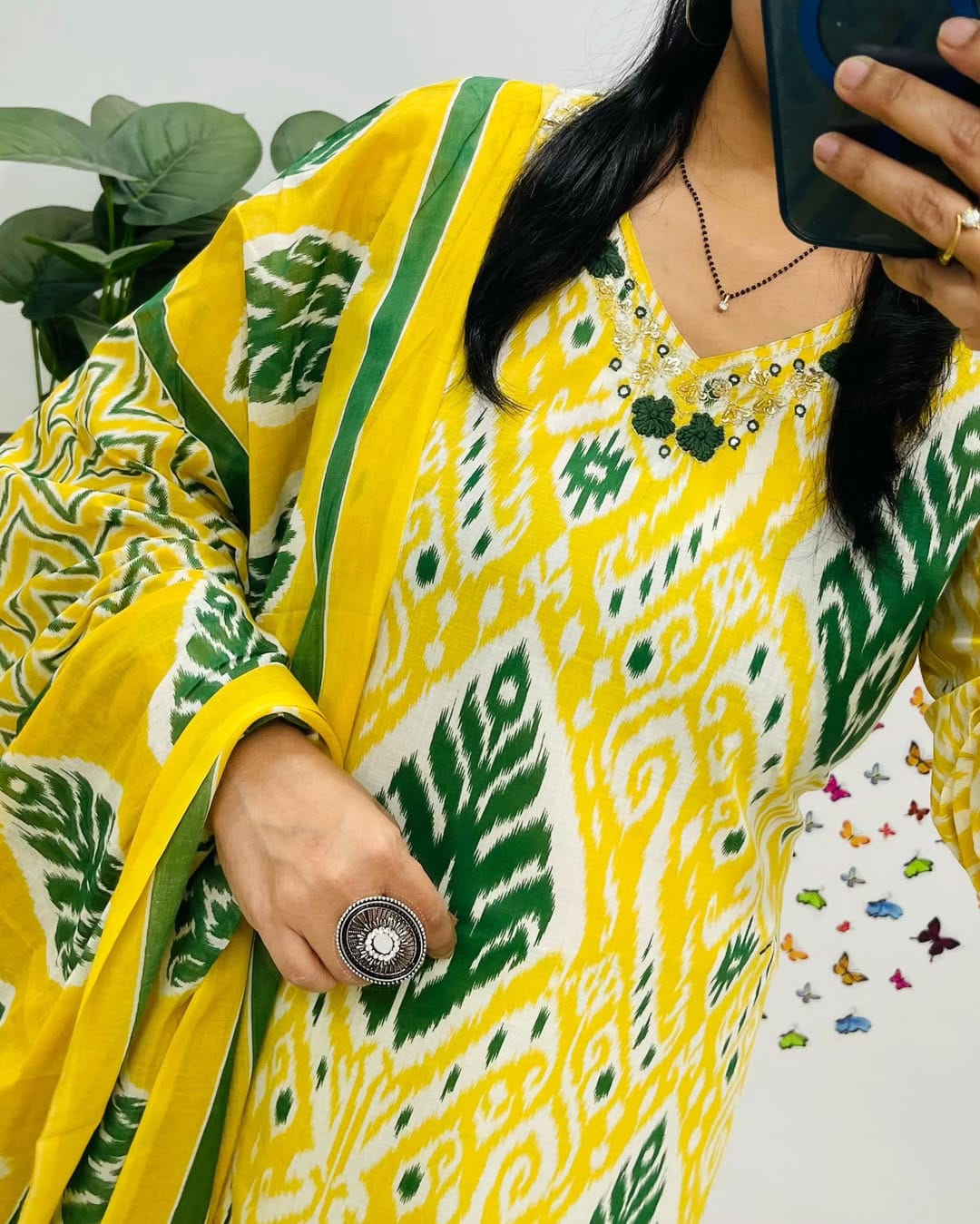 Vibrant Yellow & Green Ikat Print Cotton Suit Set with Dupatta