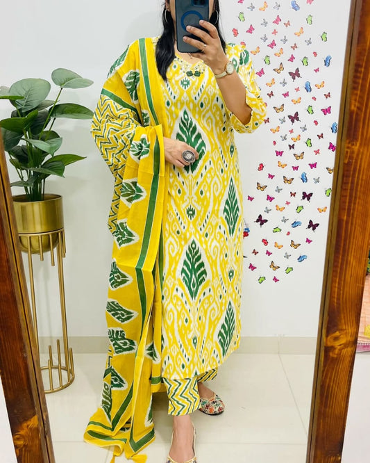 Vibrant Yellow & Green Ikat Print Cotton Suit Set with Dupatta