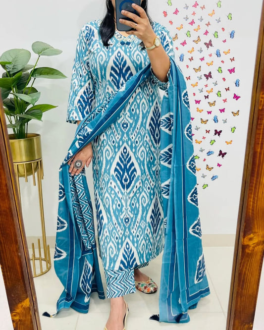 Elegant Blue Ikat Print Cotton Suit Set with Dupatta