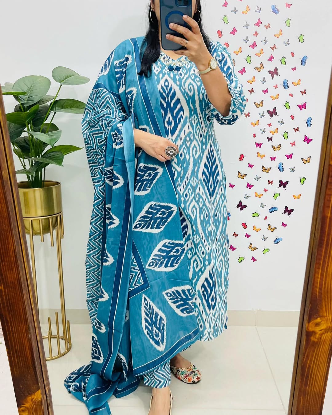 Elegant Blue Ikat Print Cotton Suit Set with Dupatta