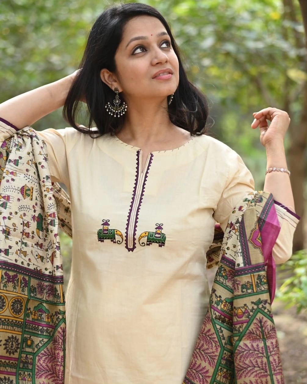 Cream Cotton Kurta Set with Tribal Embroidered Motif and Madhubani Print Dupatta