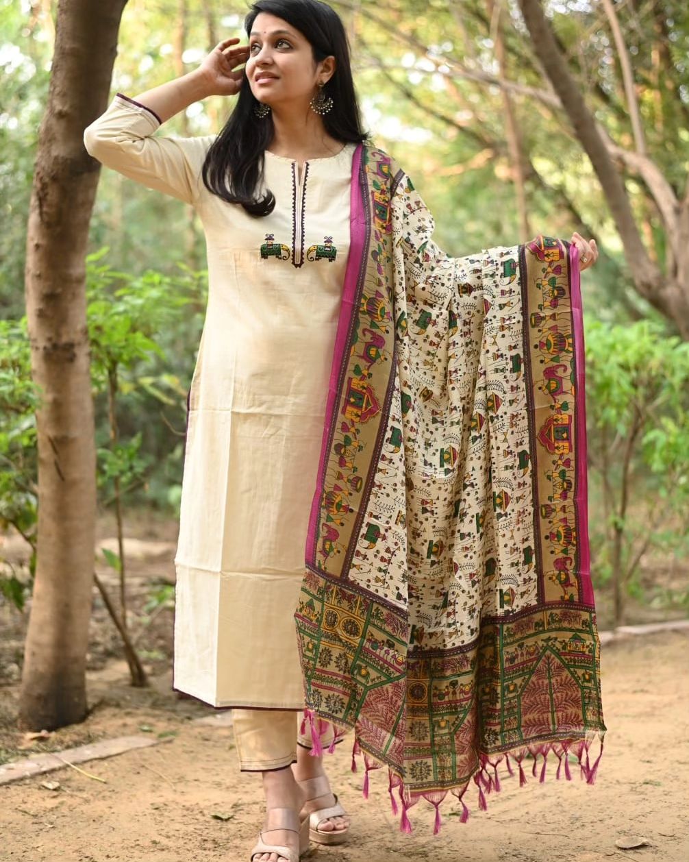 Cream Cotton Kurta Set with Tribal Embroidered Motif and Madhubani Print Dupatta