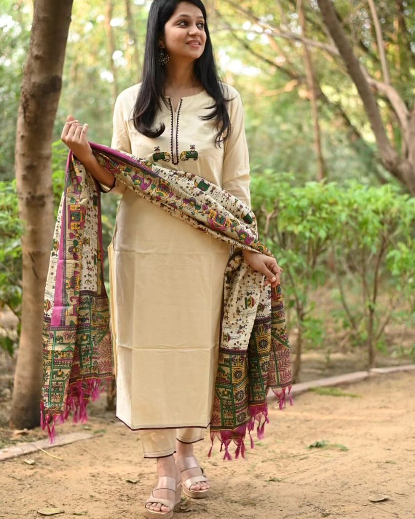 Cream Cotton Kurta Set with Tribal Embroidered Motif and Madhubani Print Dupatta