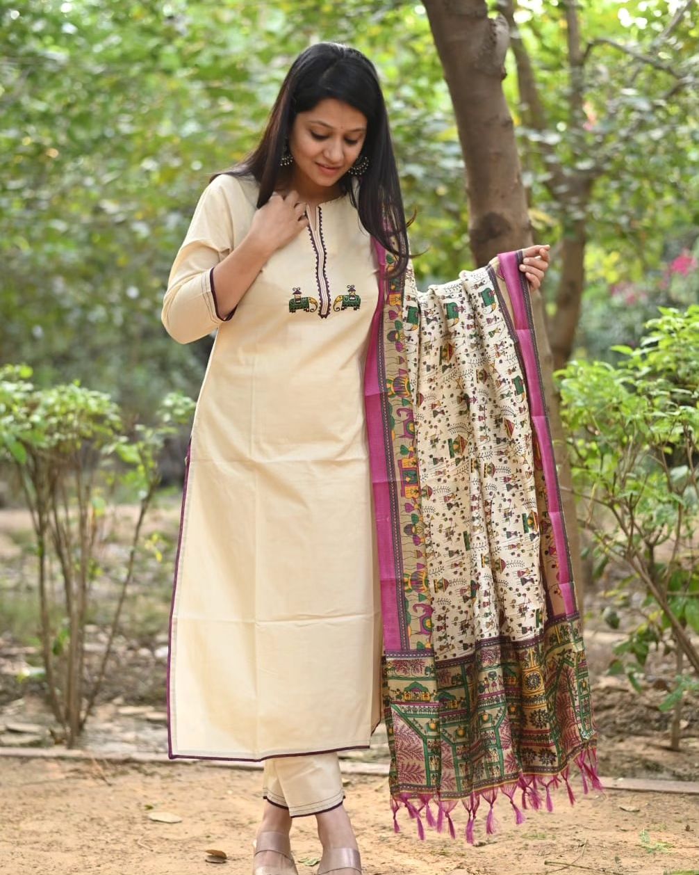Cream Cotton Kurta Set with Tribal Embroidered Motif and Madhubani Print Dupatta