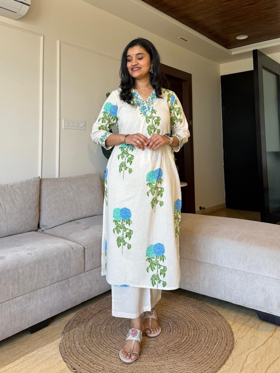 Embroidered Floral Set- Blue Green