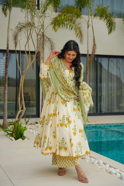 Flared Cream Anarkali Kurta Set with Yellow Floral Print and Green Dupatta