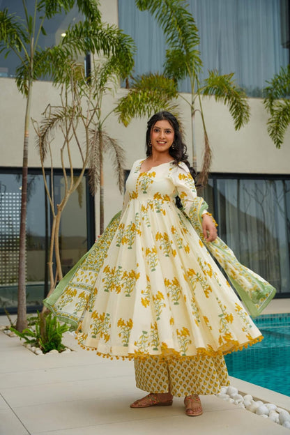 Flared Cream Anarkali Kurta Set with Yellow Floral Print and Green Dupatta