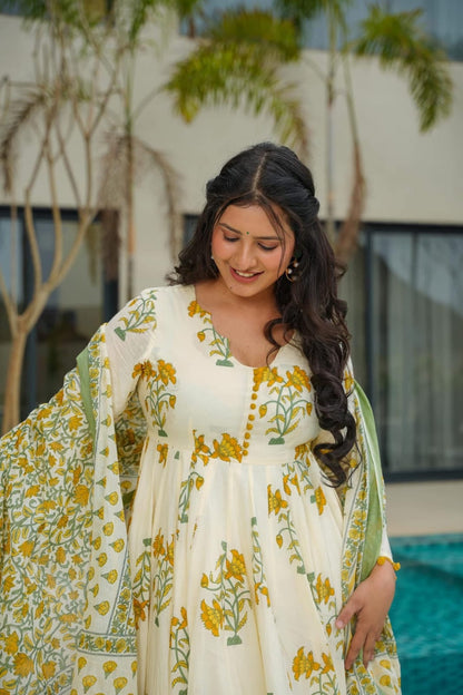 Flared Cream Anarkali Kurta Set with Yellow Floral Print and Green Dupatta