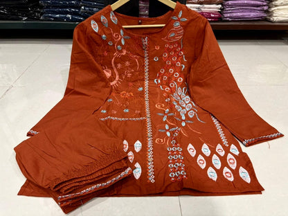 Rust Orange Embroidered Cotton Kurta Set
