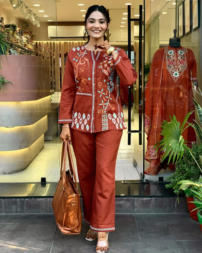 Rust Orange Embroidered Cotton Kurta Set