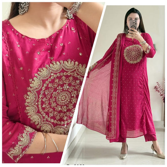 Pink Elegant A-Line Kurti with Embroidery & Dupatta