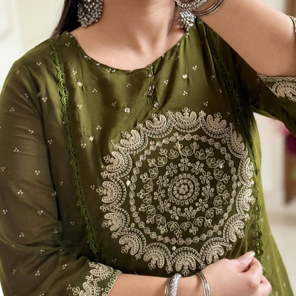 Green Elegant A-Line Kurti with Embroidery & Dupatta