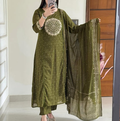 Green Elegant A-Line Kurti with Embroidery & Dupatta