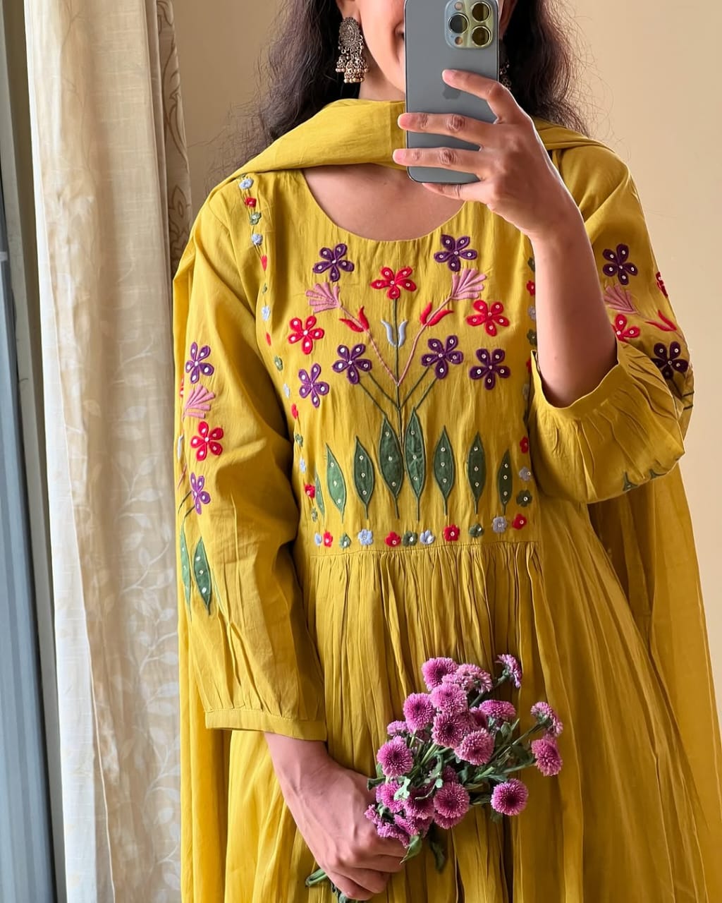 Handcrafted Adda Work Cotton Kurti with Pant & Fine Malmal Dupatta
