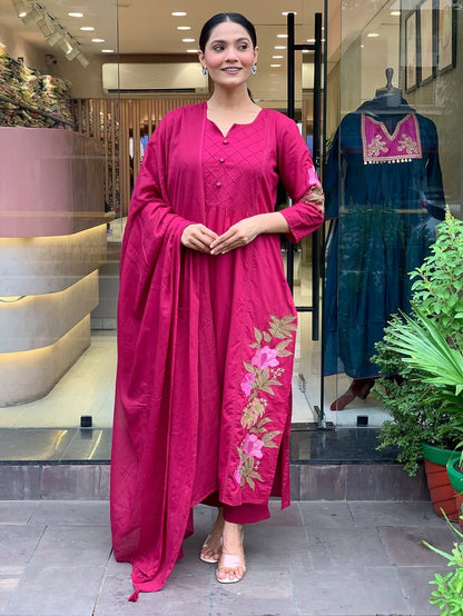 Embroidered Straight A-Line Kurta with One-Side Pocket