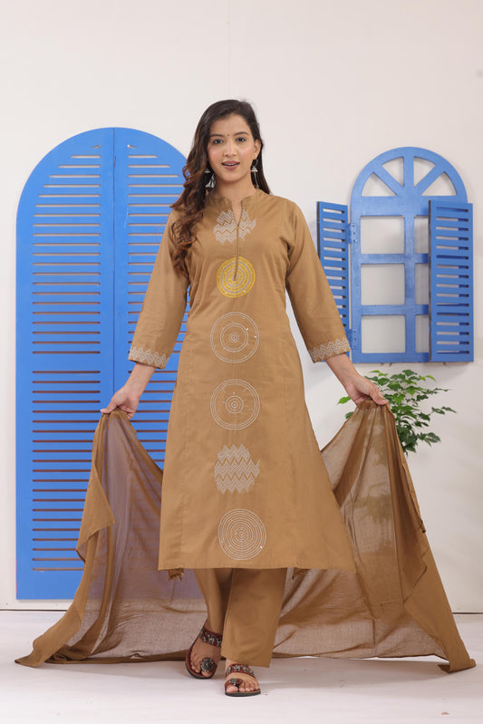 Beige Embroidered Cotton Suit Set with Dupatta