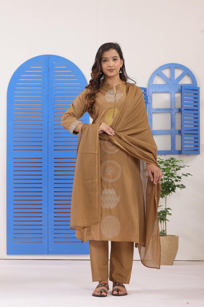 Beige Embroidered Cotton Suit Set with Dupatta