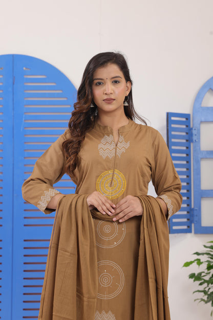 Beige Embroidered Cotton Suit Set with Dupatta