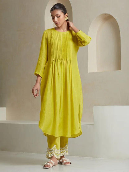 Lime Yellow Cotton Kurta Set with Checkered Dupatta