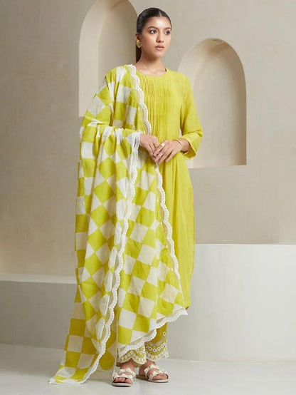 Lime Yellow Cotton Kurta Set with Checkered Dupatta