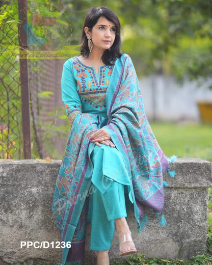 Handloom Embroidered Kurta Pant Set with Khadi Silk Kantha Print