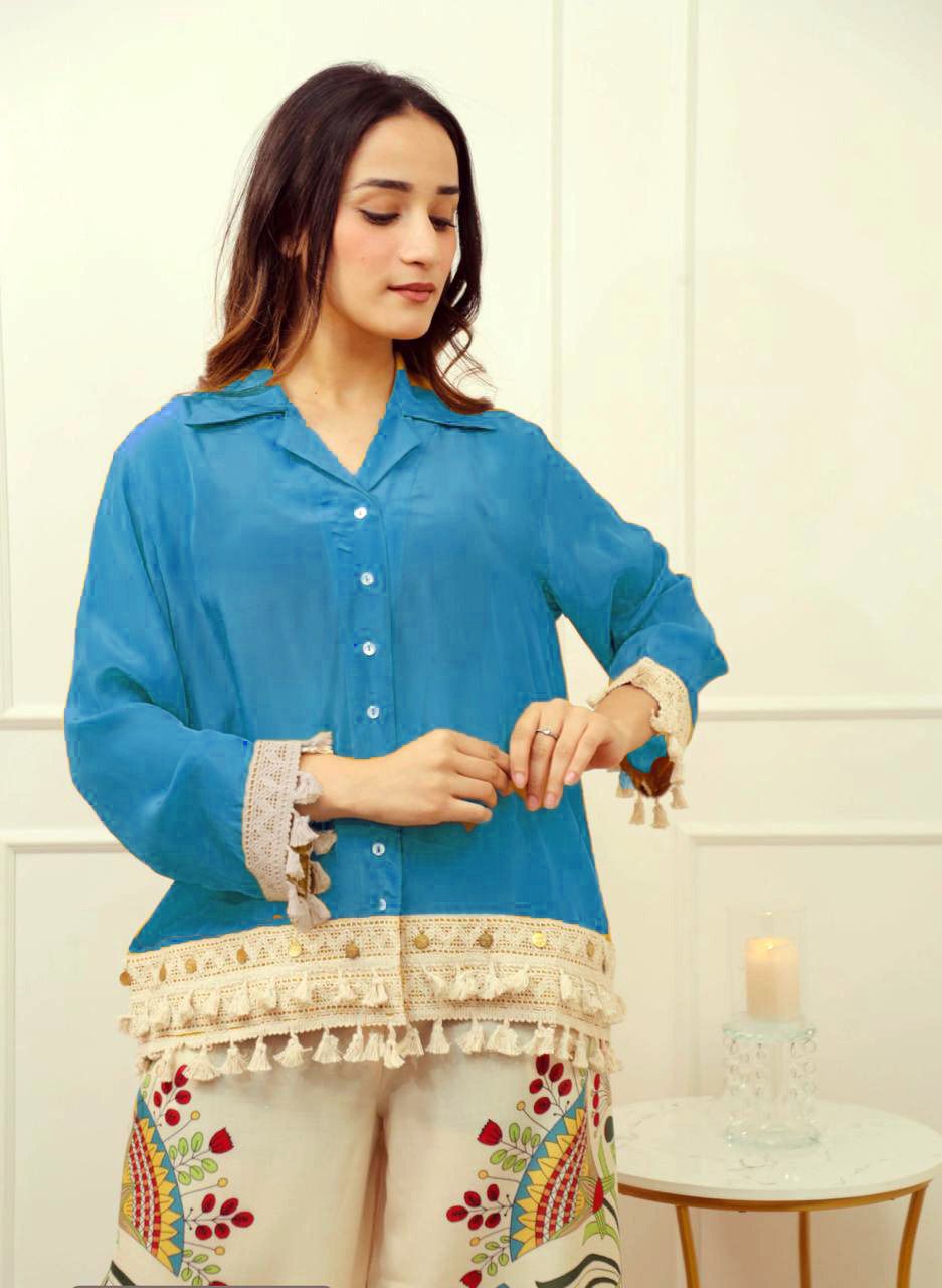 Blue Boho Embroidered  Coord Set