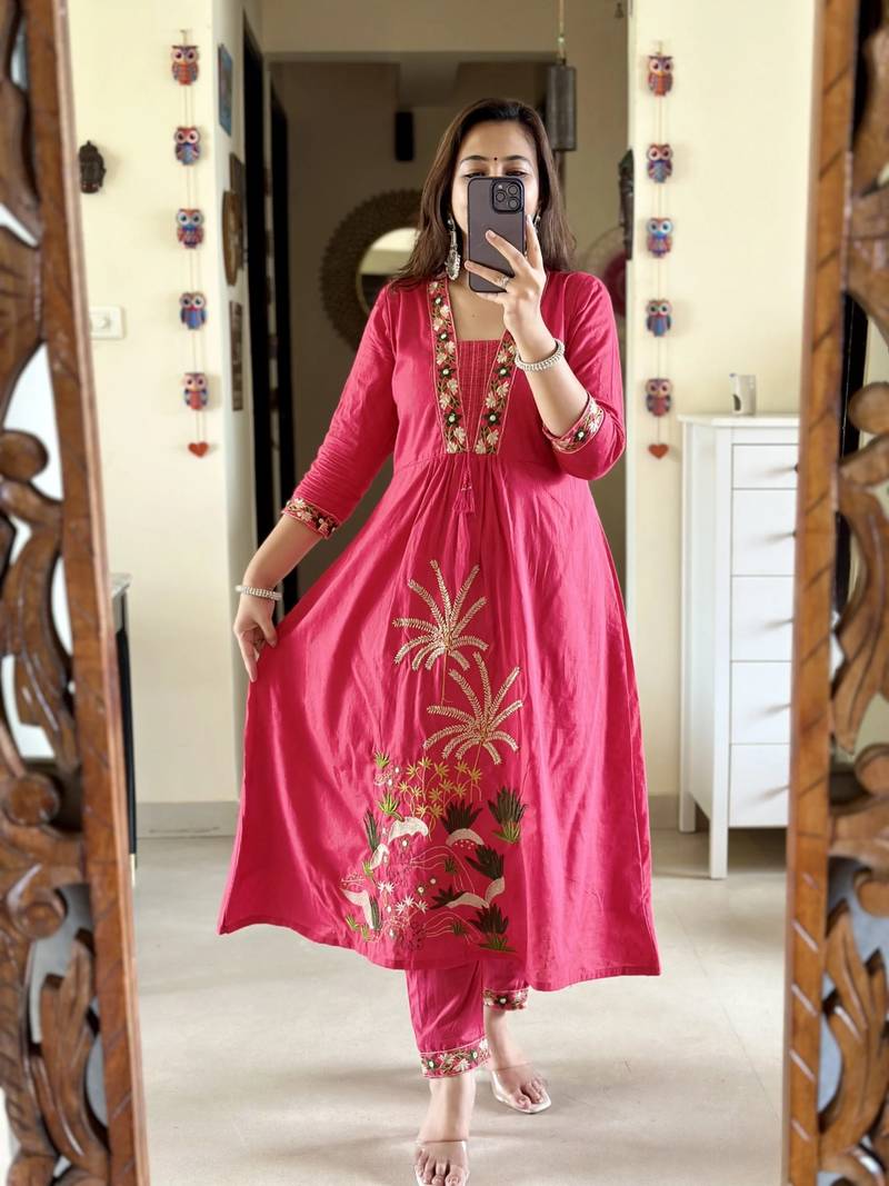 Pink Embroidered Kurta Set with Dupatta – Floral & Palm Motif Detailing