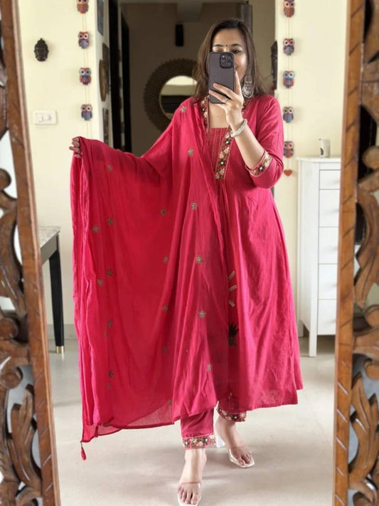 Pink Embroidered Kurta Set with Dupatta – Floral & Palm Motif Detailing