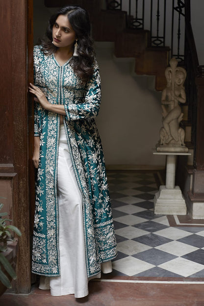 Elegant Teal Embroidered Long Jacket with White Inner Ensemble