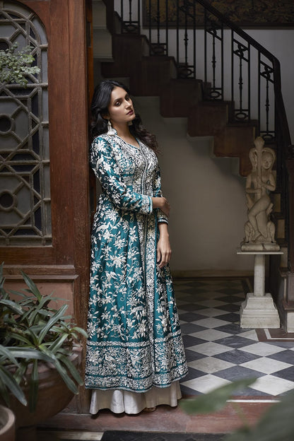 Elegant Teal Embroidered Long Jacket with White Inner Ensemble