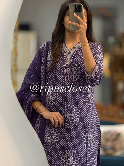 Purple Beautiful Cotton Kurti with Pant and Dupatta Set with Embroidery Work