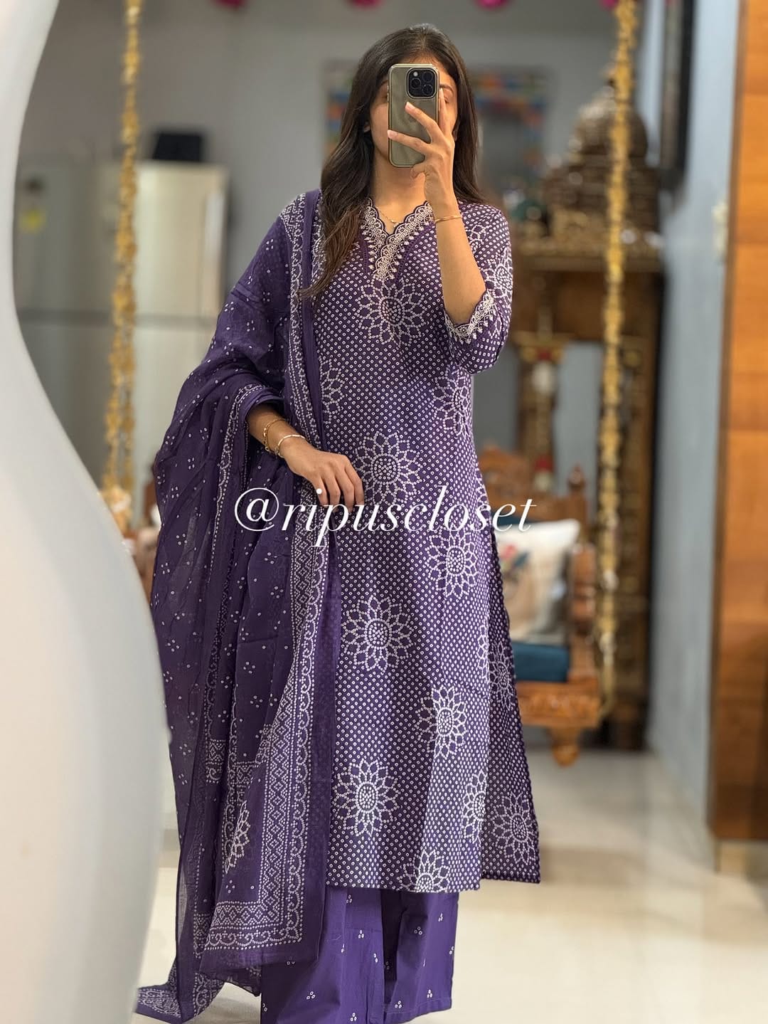 Purple Beautiful Cotton Kurti with Pant and Dupatta Set with Embroidery Work