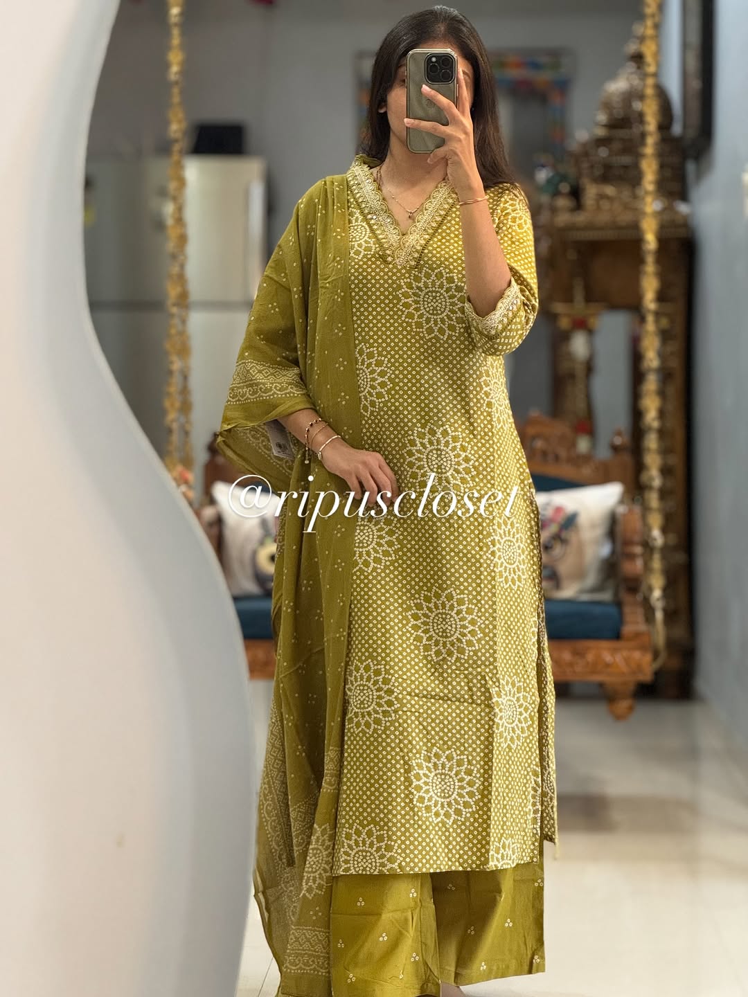 Green Beautiful Cotton Kurti with Pant and Dupatta Set with Embroidery Work