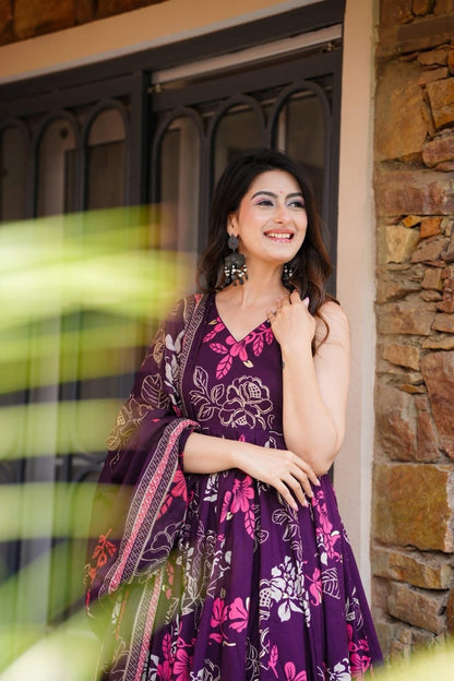 Purple Floral Printed Pure Cotton Anarkali Kurta with Trousers & Dupatta