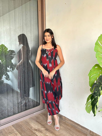 Ikat Dress Adorned with Delicate Mirror Embroidery