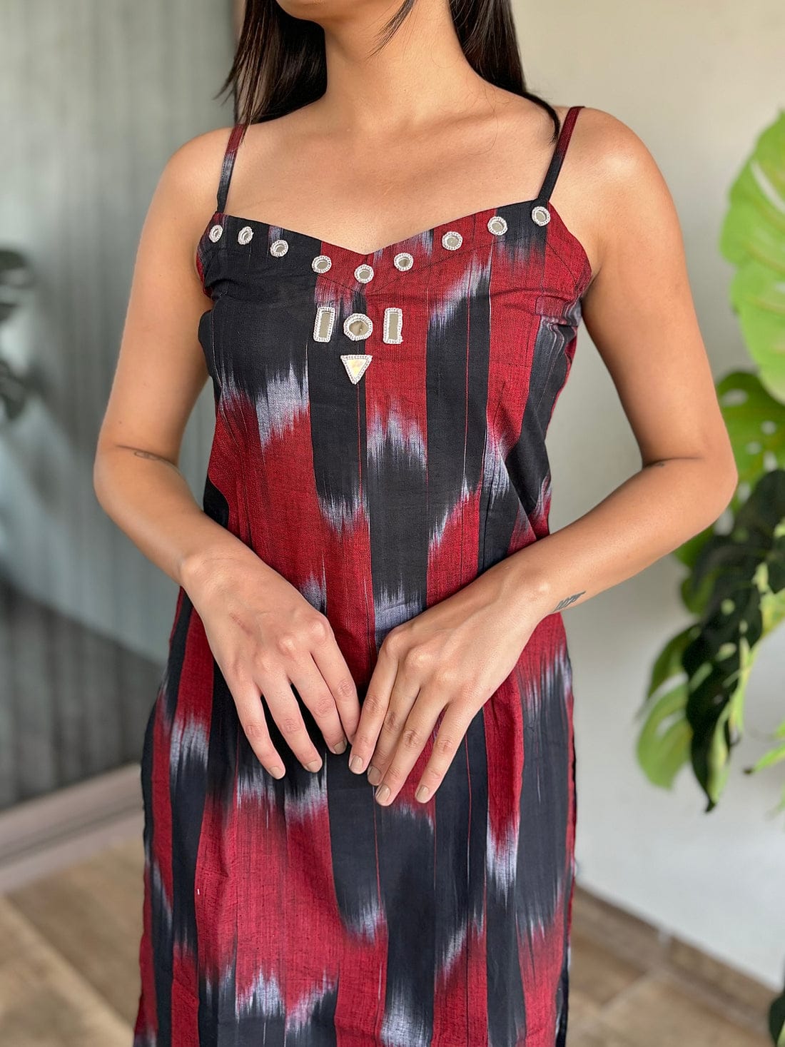 Ikat Dress Adorned with Delicate Mirror Embroidery