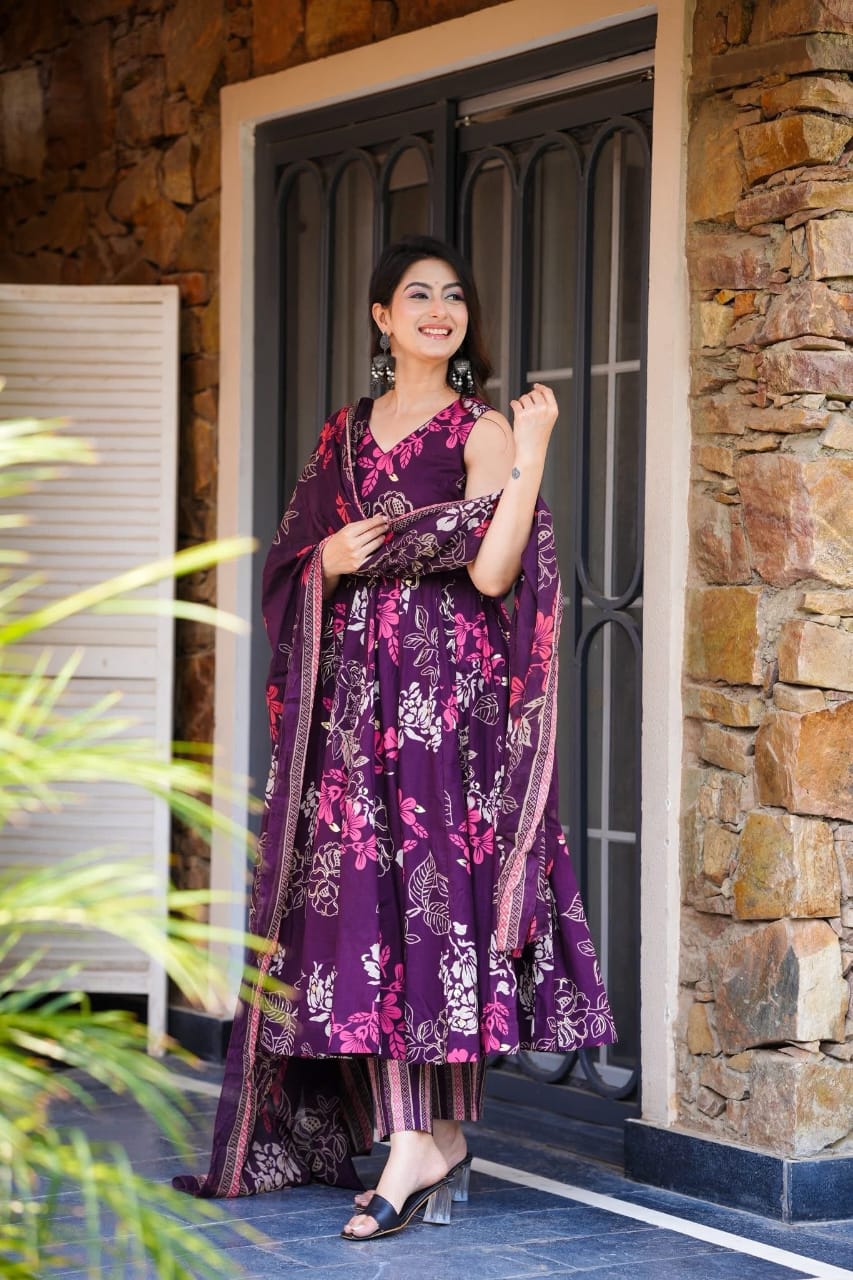Purple Floral Printed Pure Cotton Anarkali Kurta with Trousers & Dupatta
