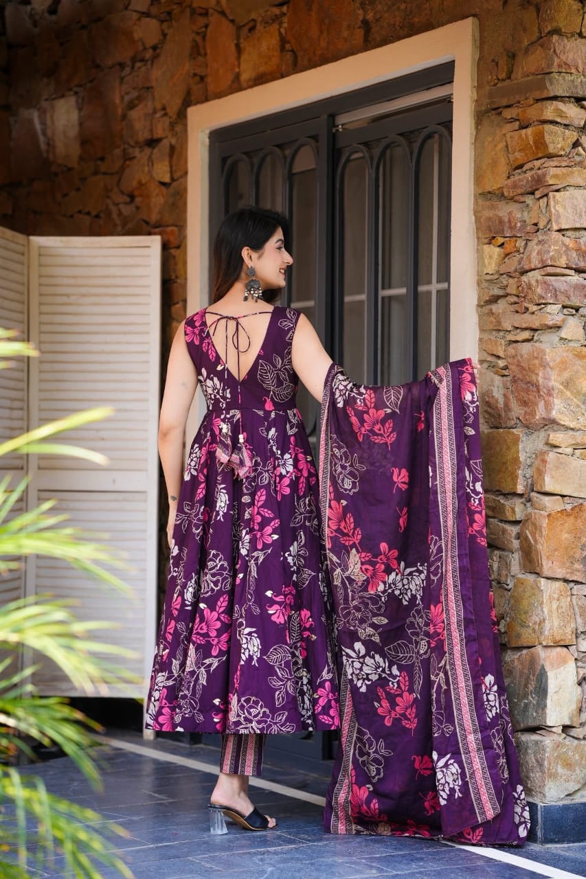 Purple Floral Printed Pure Cotton Anarkali Kurta with Trousers & Dupatta