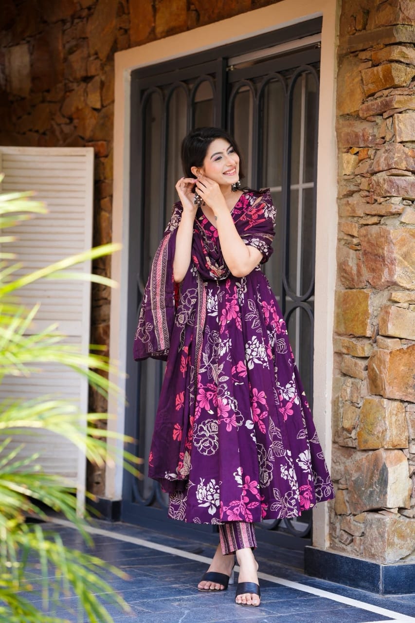 Purple Floral Printed Pure Cotton Anarkali Kurta with Trousers & Dupatta