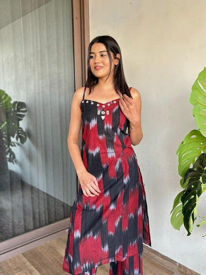 Ikat Dress Adorned with Delicate Mirror Embroidery