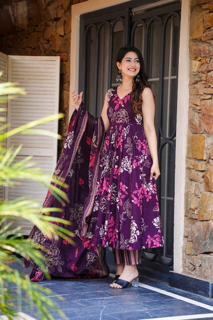 Purple Floral Printed Pure Cotton Anarkali Kurta with Trousers & Dupatta
