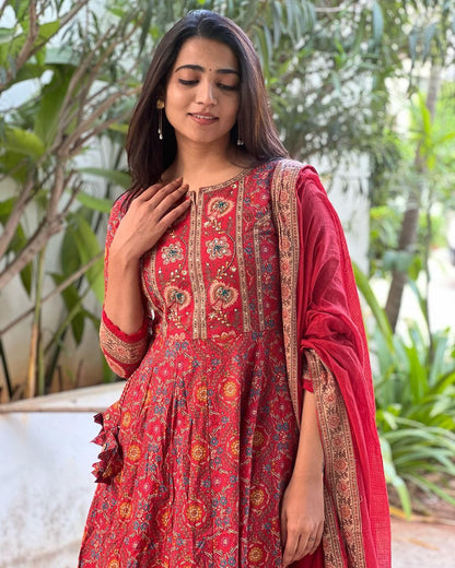 Women’s Designer Cotton Anarkali Kurta Set with Embroidered Kurta, Pant & Dupatta