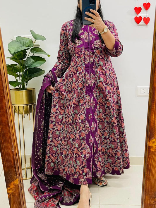 Purple Heritage Ajrakh Print Anarkali Kurti with Dupatta