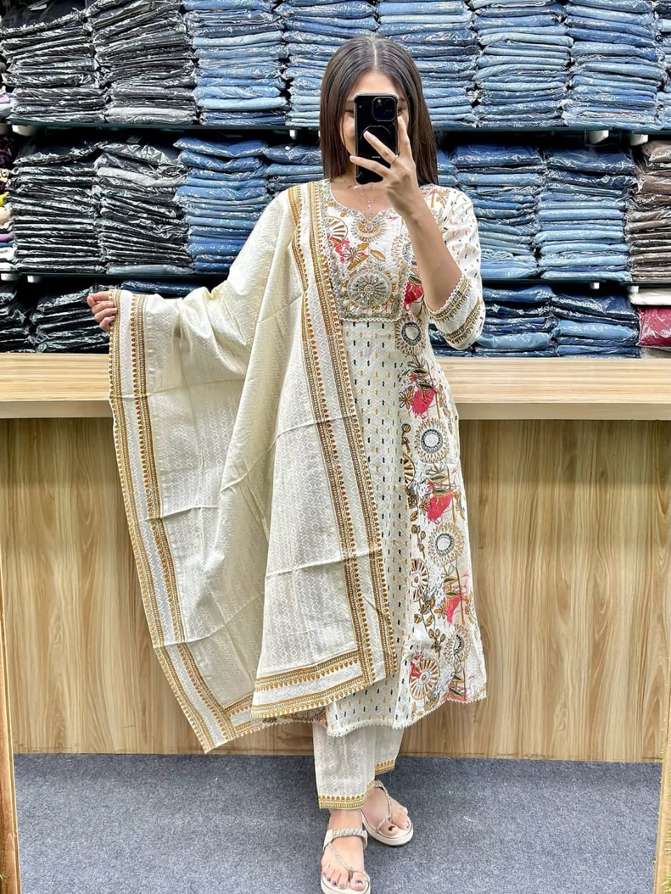 Elegant Cream Embroidered Cotton 3-Piece Suit with Dupatta